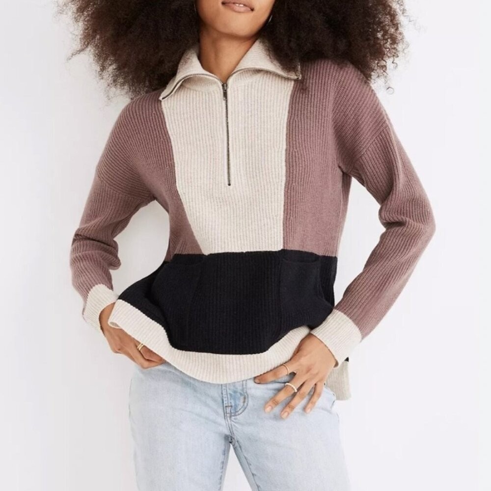 MADEWELL Colorblock Wool Mock Neck Half-Zip Size Medium Collared Knit Sweater
